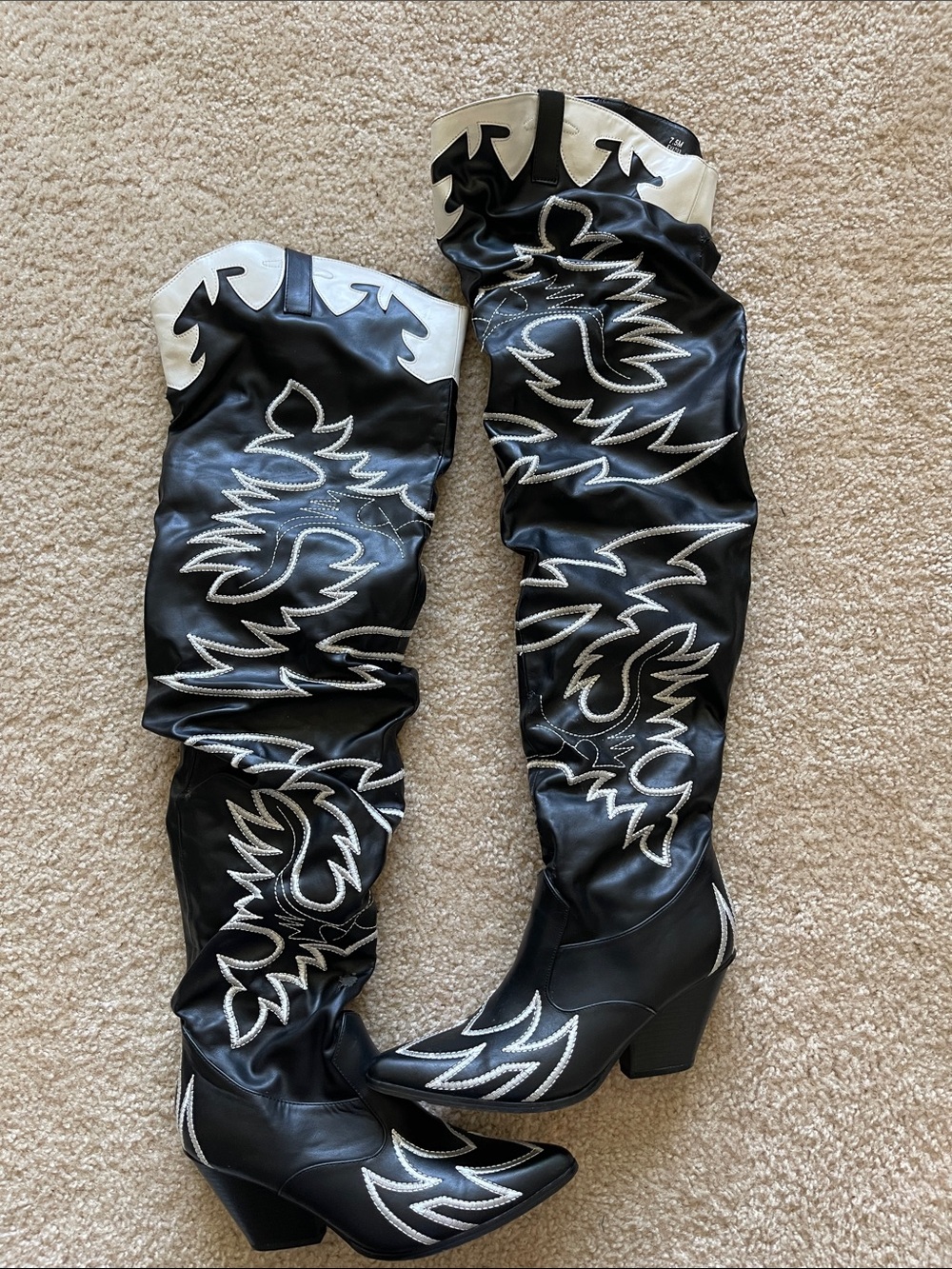 Black Over-the-Knee Western-Inspired Boots with White Stitching